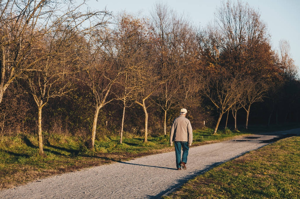Sam człowiek starszy wędrówek oraz spacer jesienny park - Zdjęcie, obraz