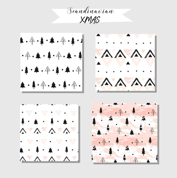 Hand drawn vector abstract modern geometric composition seamless pattern collection set in black, white,and pastel pink colors with freehand rough texture isolated on white background - Vector, Image