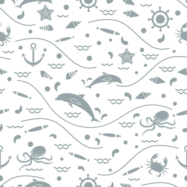 Cute seamless pattern with dolphins, octopus, fish, anchor, helm - Vector, Image