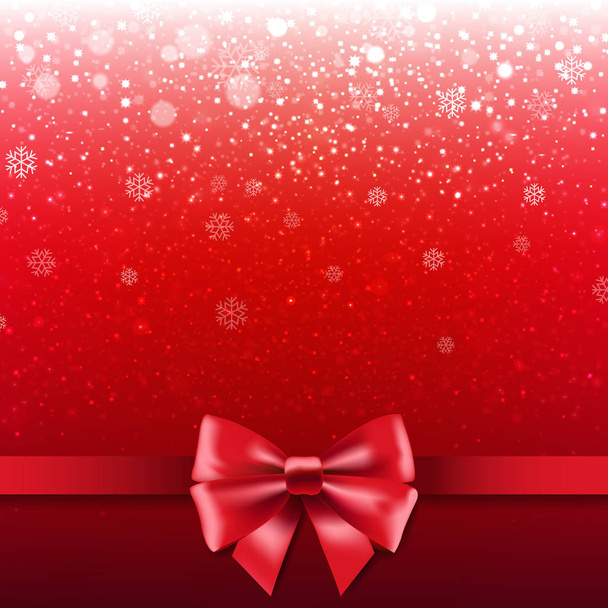 karácsonyi poszter szép íj, és piros háttéren hópelyhek - Vektor, kép