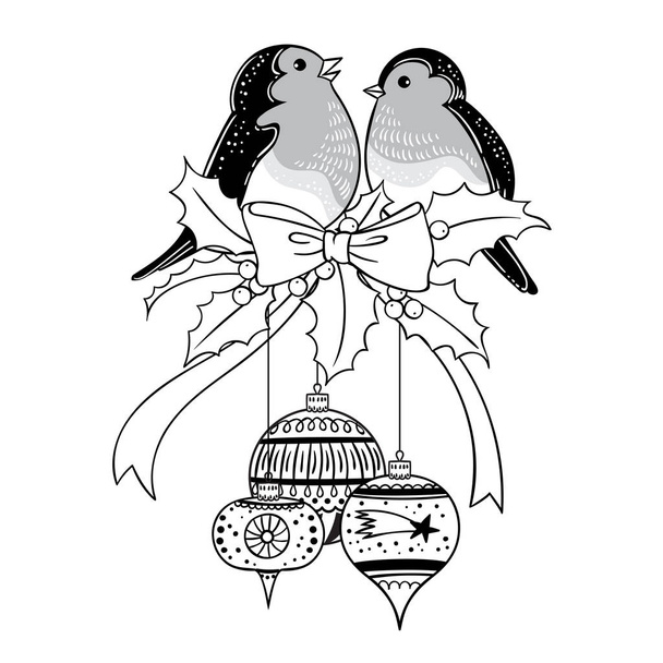 disegno illustrazione vettoriale di Bella mano disegnato retrò biglietto di Natale con gli uccelli
.  - Vettoriali, immagini