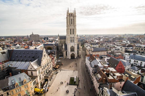 GHENT, BELGIUM - November, 2017: Aerial view of Architecture of Ghent city center. Ghent is medieval city and point of tourist destination in Belgium. - Fotoğraf, Görsel