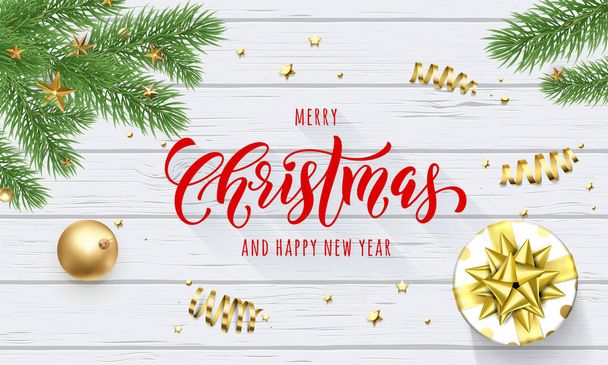 Merry Christmas and Happy New Year holiday golden decoration and calligraphy font for greeting card on white wooden background. Vector Christmas golden shiny gift ribbon for Xmas decoration design - Vector, Image