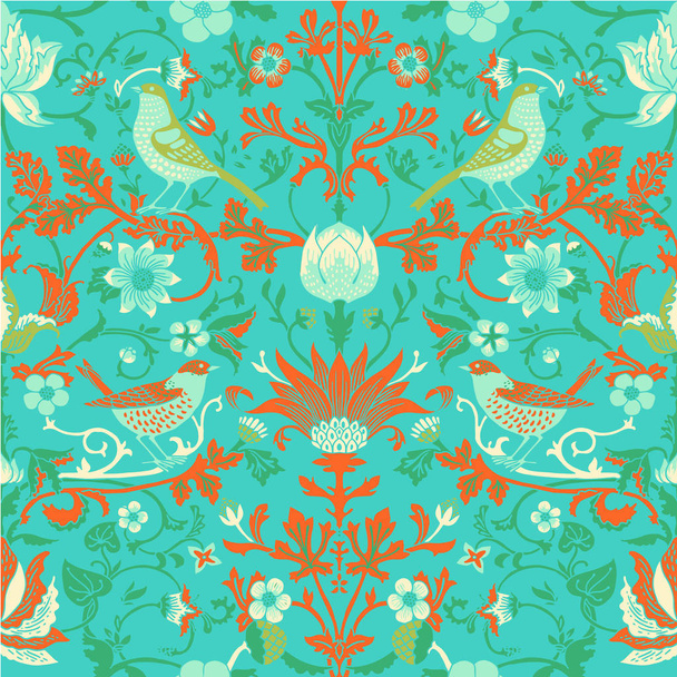 vector illustration design of Vintage Flowers and Birds seamless pattern for Magic forest background. - Vector, Image