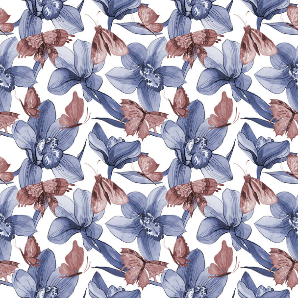 Wildflower orchid flower pattern in a watercolor style. - Fotoğraf, Görsel