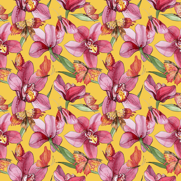 Wildflower orchid flower pattern in a watercolor style. - Fotografie, Obrázek