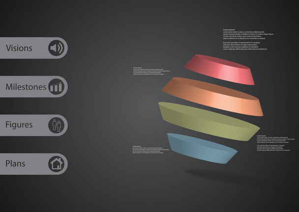 3D Illustration Infografik Vorlage mit rotiertem Sechseck in vier Teile schräg angeordnet - Vektor, Bild