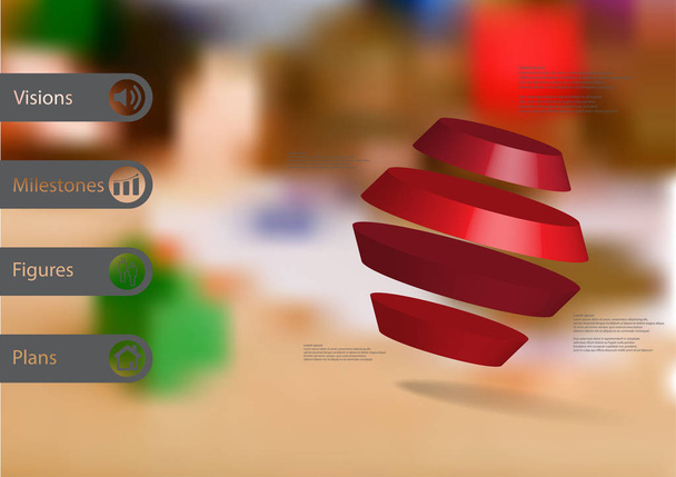Plantilla infográfica de ilustración 3D con hexágono girado dividido en cuatro partes dispuestas en askew
 - Vector, imagen