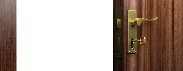 Open houten deur met bronzen handvat en sleutel, kopie ruimte. 3D illustratie - Foto, afbeelding