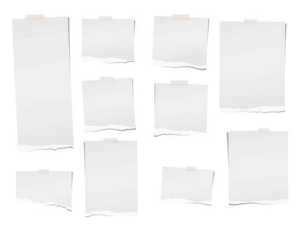 Torn, note, notebook, copybook paper sheets for text or message stuck with sticky tape on white background. - Vector, Image