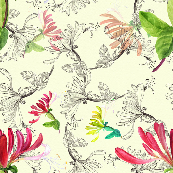 A flower is a honeysuckle. Decorative composition. Floral motifs. Seamless pattern. Use printed materials, signs, items, websites, maps, posters, postcards, packaging. - Photo, Image