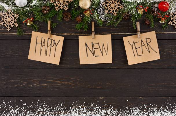Hyvää uutta vuotta koristelu kortit, koriste ja seppele runko tausta
 - Valokuva, kuva