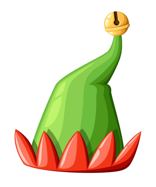 Roter und grüner Cartoon-Weihnachtselfenhut mit Glocke. Vektor-Illustration isoliert auf weißem Hintergrund. Webseite und mobiles App-Design - Vektor, Bild