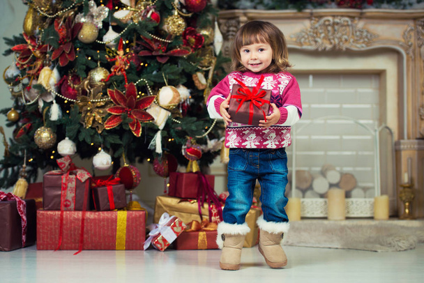 Happy girl with a gift in hands on a background of a New Year tree. - Foto, Imagem