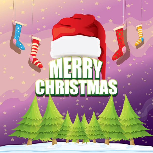 クリスマス グリーティング カード赤いサンタ帽子、クリスマス ツリー、雪、夜の星空、雪に覆われた冬の風景、あいさつ文をベクトルします。メリー クリスマスの背景やバナーをベクトルします。 - ベクター画像