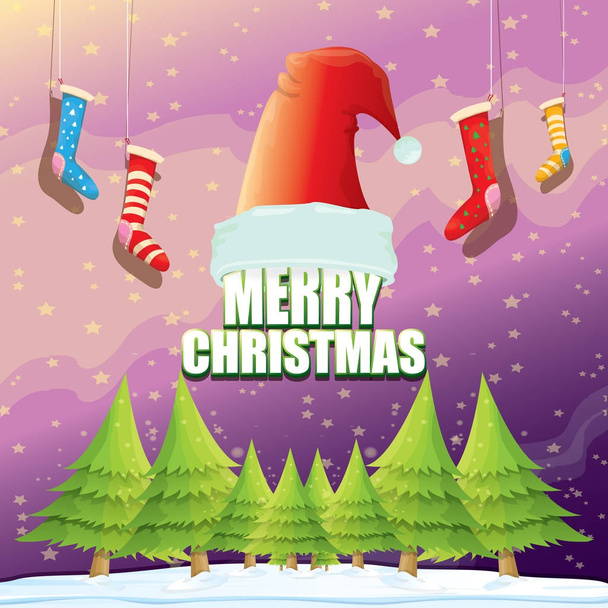 Vektor Weihnachtsgrußkarte mit roter Weihnachtsmütze, Weihnachtsbäumen, Schnee, nächtlichem Sternenhimmel, winterlicher Schneelandschaft und Grußtext. Vektor frohe Weihnachten Hintergrund oder Banner - Vektor, Bild