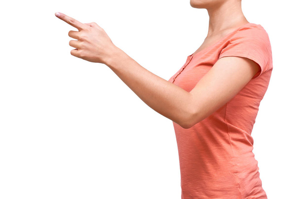 girl shows her hand gesture. Isolated on white background - Φωτογραφία, εικόνα