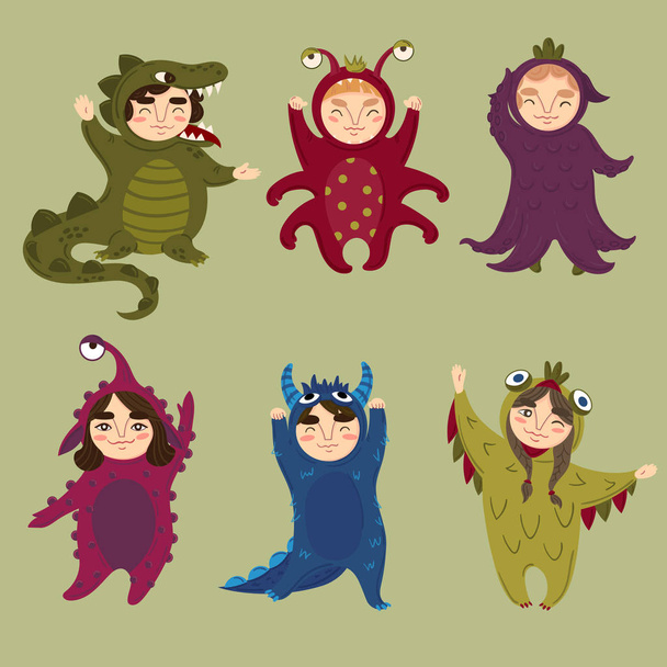 Cute monster set. Children in monster costumes - Vector, Image