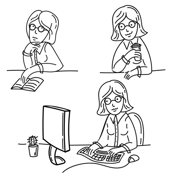 Freelance girl works on computer. Drinking tea - Διάνυσμα, εικόνα