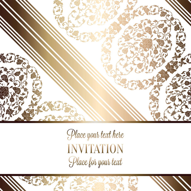 Intricate baroque luxury wedding invitation card, rich gold decor on beige background with frame and place for text, lacy foliage with shiny gradient. - Vector, Image