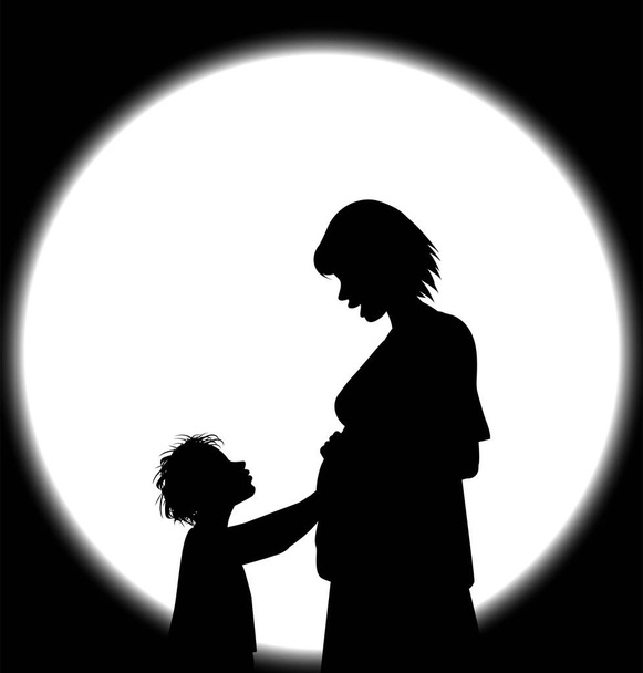 векторная иллюстрация, беременная женщина с сыном, трогающим ее живот
 - Вектор,изображение