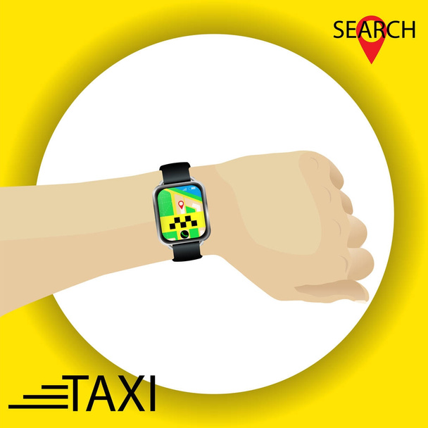 Usługi taxi. Ręka z smartwatch gps nawigacji wyszukiwania  - Wektor, obraz