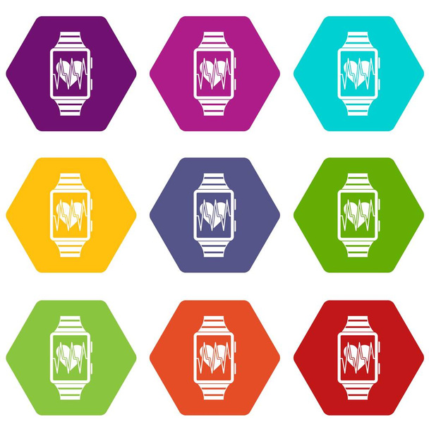 Smartwatch with sport app icon set color hexahedron - Wektor, obraz