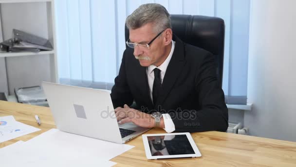 elderly businessman working with computer in modern office - Záběry, video
