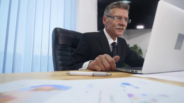 elderly businessman working with computer in modern office - Materiał filmowy, wideo