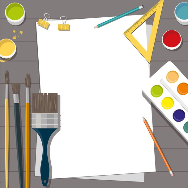  Hobby. Paints, brushes, pencils, pen, paper. Back to school. Wooden background. - Vector, Image