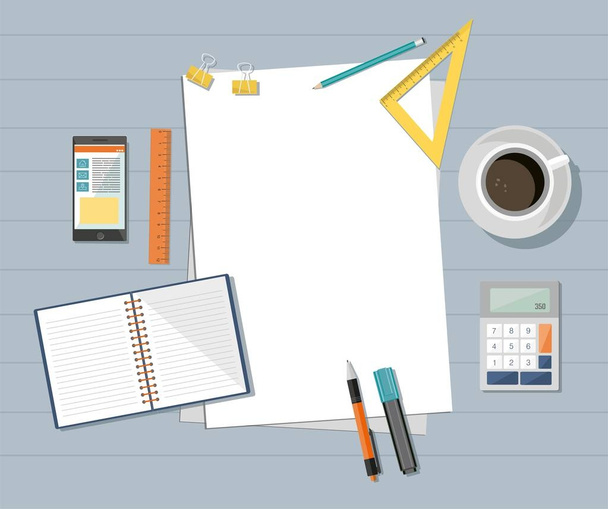 Papel con teléfono, regla, lápiz, bolígrafo, café y calculadora sobre la mesa. Organización corporativa empresarial
. - Vector, imagen
