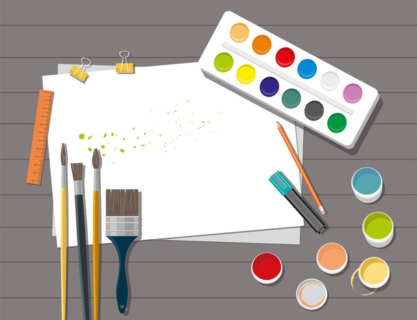  Paints, brushes, pencils, pen, paper. Back to school. Hobby. Wooden background. - Vector, Image