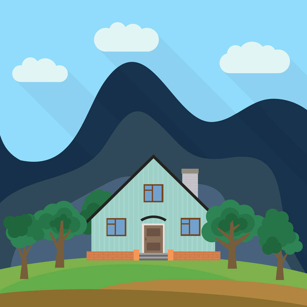 Lone two-storey house in the background of a mountain with green trees - Vector, Image