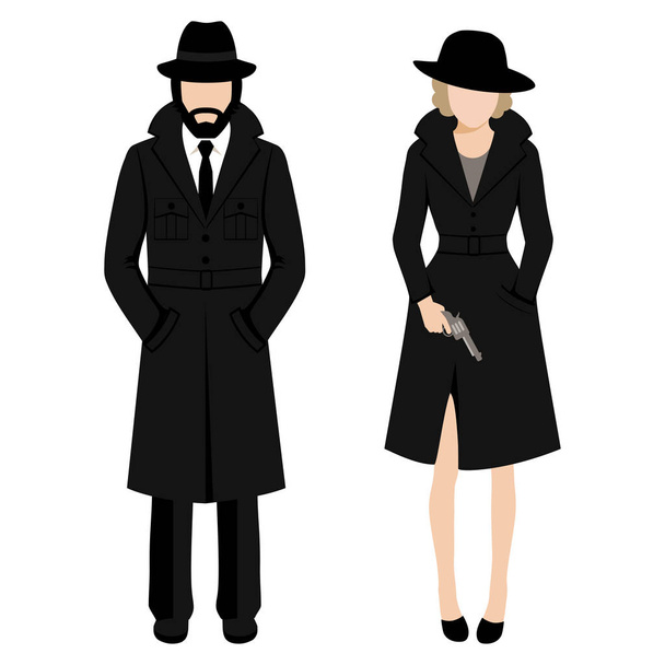 Vektor-Illustration eines Detektivspions Mann und Frau Charakter. private Ivestigation Agent. Mafia-Gangster - Vektor, Bild