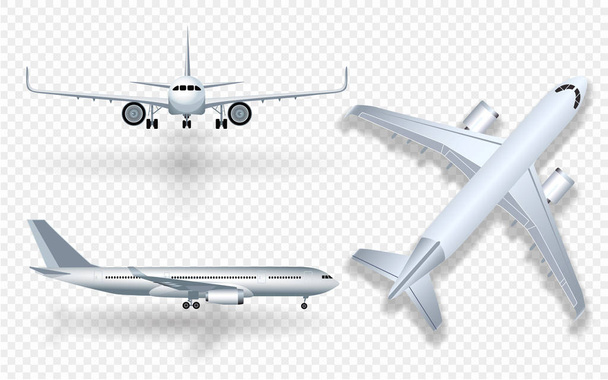 weißes Flugzeug mit Schattensymbol auf kariertem Hintergrund im Profil und von vorne isolierter Vektordarstellung - Vektor, Bild