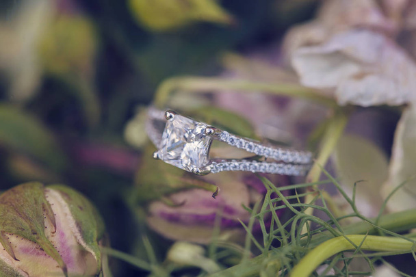 Bague de fiançailles diamant sur fond romantique naturel
  - Photo, image