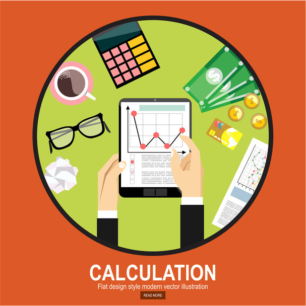 Calculation concept. Businessman, accountant . Flat design, Vector Illustration. Financial calculations, statistics, data analytics, planning, report. - Vector, Image