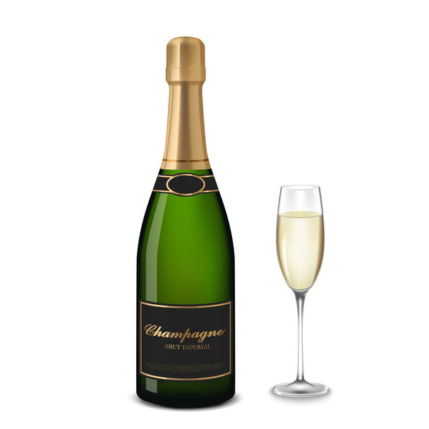 Glas Champagner und Flasche - Vektor, Bild