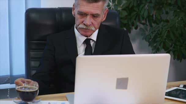 Businessman drinks coffe while watching the laptop screen - Materiał filmowy, wideo