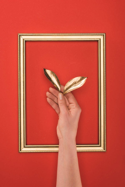 partial view of photo frame and female hand holding golden leaves isolated on red - Photo, Image