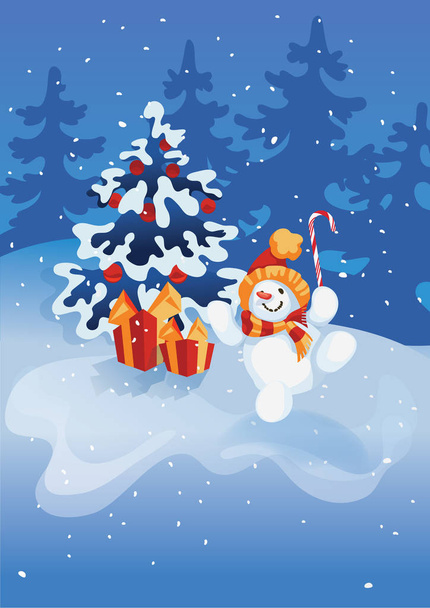 boldog mosolygó jumping hóember a candy cane a téli erdő jelenet háttér - Vektor, kép