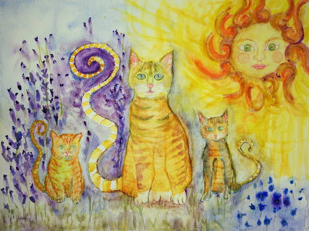 Gember kat met twee kitten op een zonnige dag in een Lavendel veld. De deppen techniek in de buurt van de randen geeft een zachte focus effect als gevolg van de veranderde oppervlakteruwheid van het papier. - Foto, afbeelding