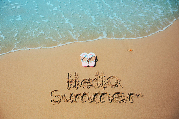 Text hello summer on ocean sand beach - Fotoğraf, Görsel
