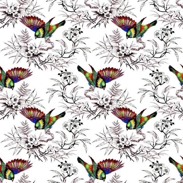 Watercolor hand drawn seamless pattern with beautiful flowers and colorful birds on white background. - 写真・画像