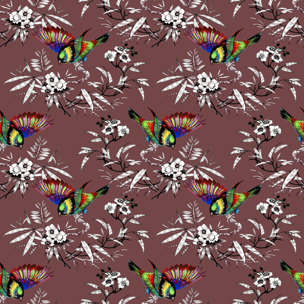 Watercolor hand drawn seamless pattern with beautiful flowers and colorful birds on white background. - Fotó, kép