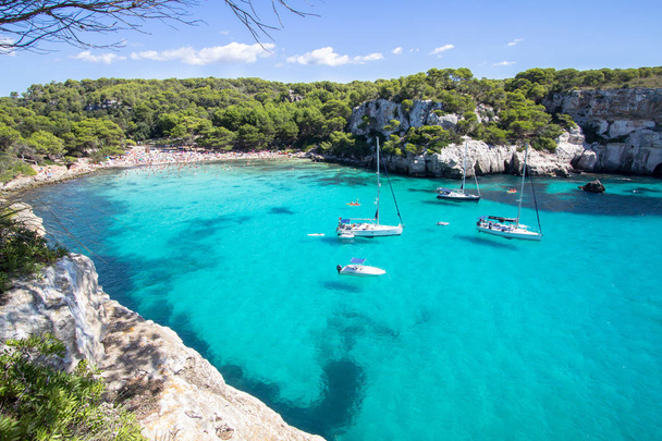Boats and yachts on Macarella beach, Menorca, Spain - Photo, Image