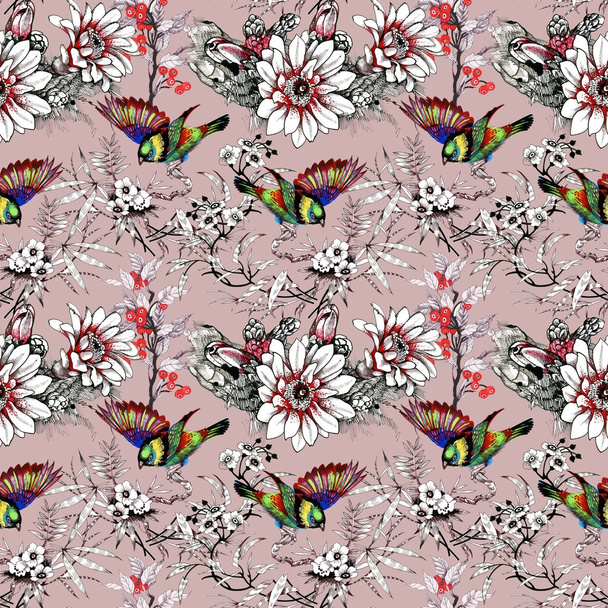 Watercolor hand drawn seamless pattern with beautiful flowers and colorful birds on white background. - Foto, Imagen