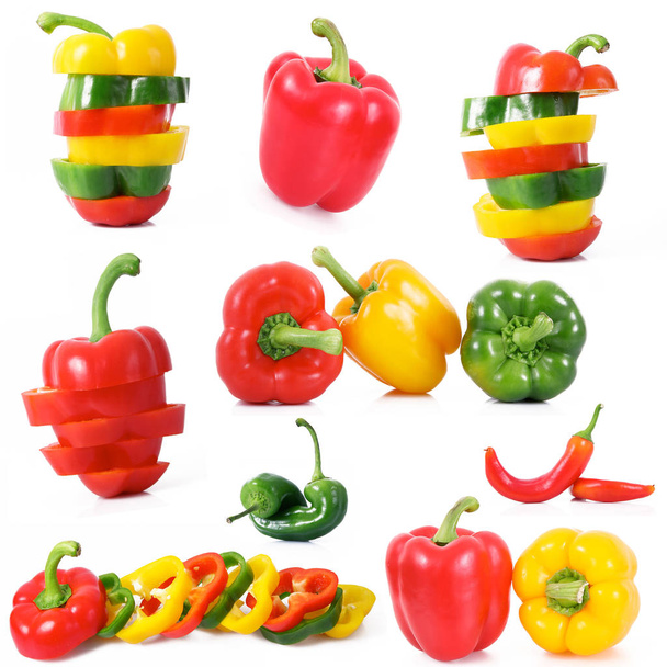 hot peppers collage on white background - Foto, afbeelding