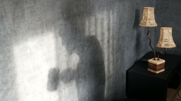 Uma sombra ameaçadora em um quarto escuro gótico ao lado de uma lâmpada amarela vintage, esfrega as mãos com raiva. Fantasma ou uma bruxa para o Halloween
. - Filmagem, Vídeo