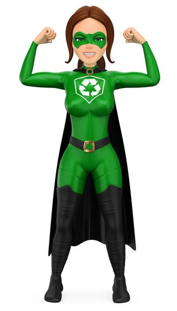 3d Frau Superheld des Recyclings zeigt seine Muskeln - Foto, Bild